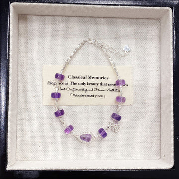 MaisieLin | S925 Sterling Silver Solid Plain Bracelet - Inlaid Cubic Zirconia & Amethyst, Fortune Gourd Design, "Purple Qi Dong Lai" (Iron Wire Inside)