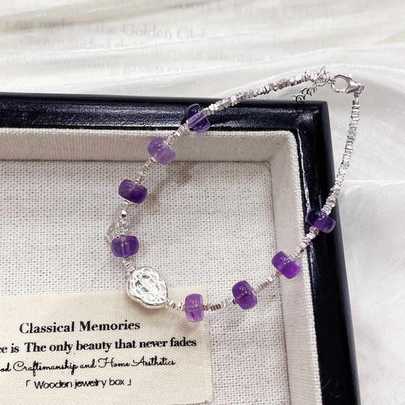 MaisieLin | S925 Sterling Silver Solid Plain Bracelet - Inlaid Cubic Zirconia & Amethyst, Fortune Gourd Design, "Purple Qi Dong Lai" (Iron Wire Inside)