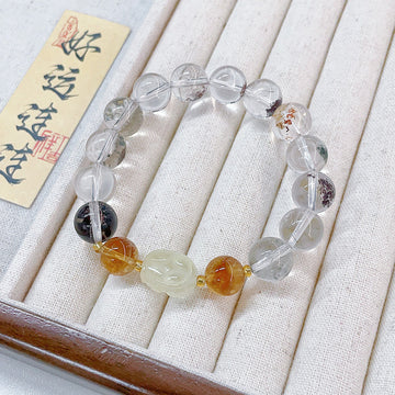 MaisieLin | Citrine Pixiu & Green Phantom Beaded Elastic Bracelet (Bead Size: Approx. 8.5-8.9mm)