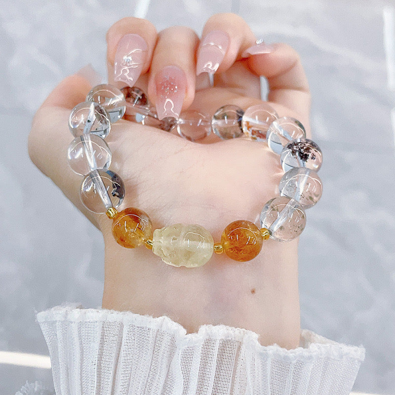 MaisieLin | Citrine Pixiu & Green Phantom Beaded Elastic Bracelet (Bead Size: Approx. 8.5-8.9mm)