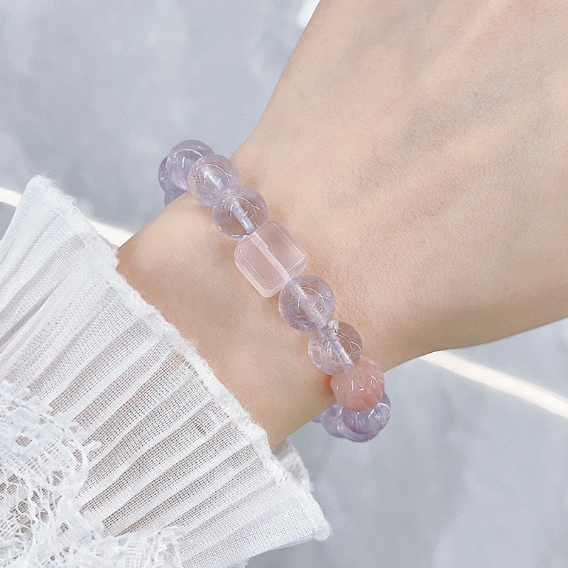 MaisieLin | Alternating Rose Quartz Cube and Amethyst Round Bead Stretch Cord Bracelet