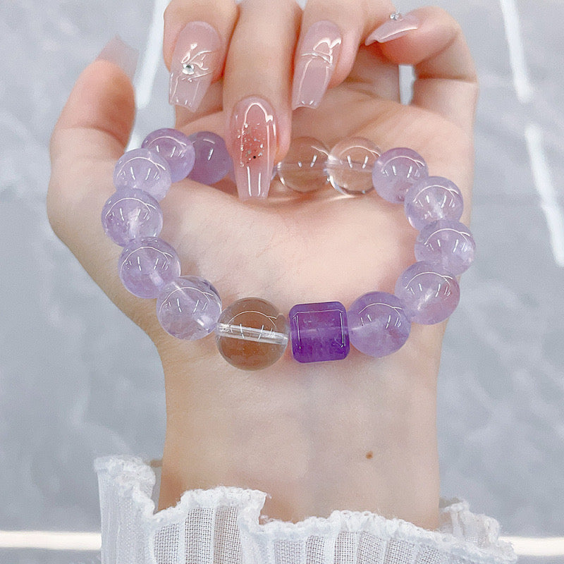 MaisieLin | Alternating Clear Quartz and Amethyst Round Bead Stretch Cord Bracelet (Bead Dia. 12.2-12.6mm)