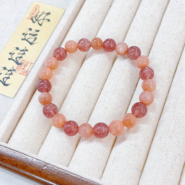 MaisieLin | Alternating Sunstone and Strawberry Quartz Round Bead Stretch Cord Bracelet (Bead Dia. 7.3-7.7mm)