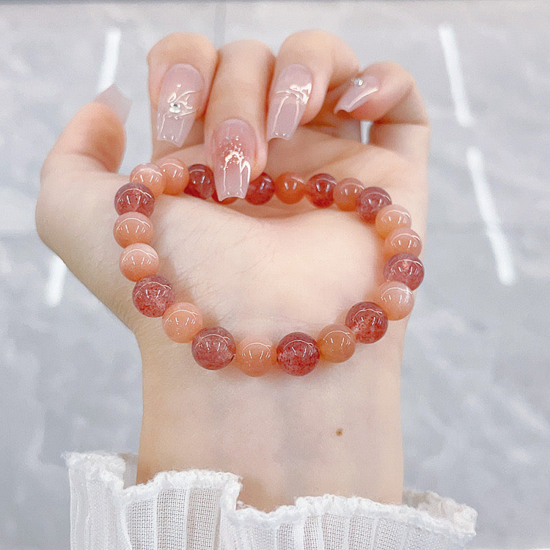 MaisieLin | Alternating Sunstone and Strawberry Quartz Round Bead Stretch Cord Bracelet (Bead Dia. 7.3-7.7mm)